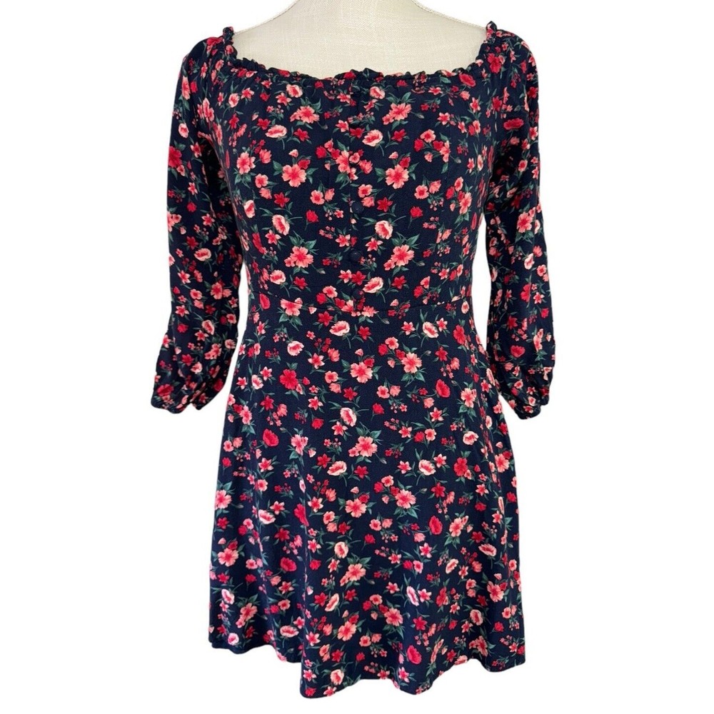 B. Darlin Womens Navy Floral-Printed Mini Fit &โ Flare Dress Juniors 7/8 Lined